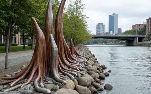 川沿いの抽象的な彫刻アート