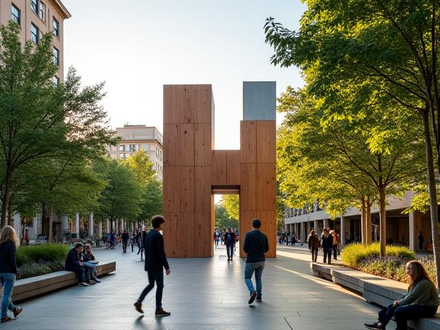 広々とした公共空間に設置された大規模な現代アートインスタレーション