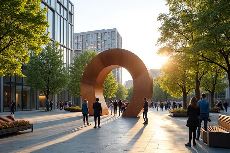 広々とした公共空間に設置された大規模な現代アートインスタレーション